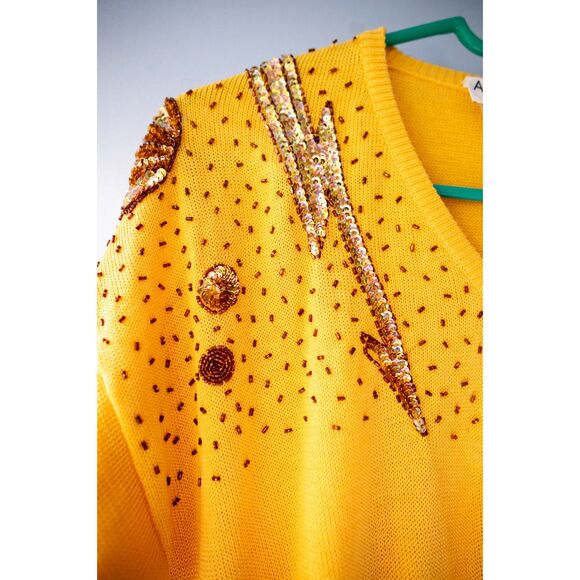 Vintage Anna Di Rossi Yellow Cotton Sequin V-Neck Pullover Sweater Size 44 - Picture 7 of 8